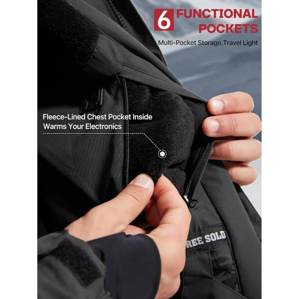 Men's Black Gray Waterproof Ski Snow Jacket Fleece Lined Warm Winter Rain Jacket